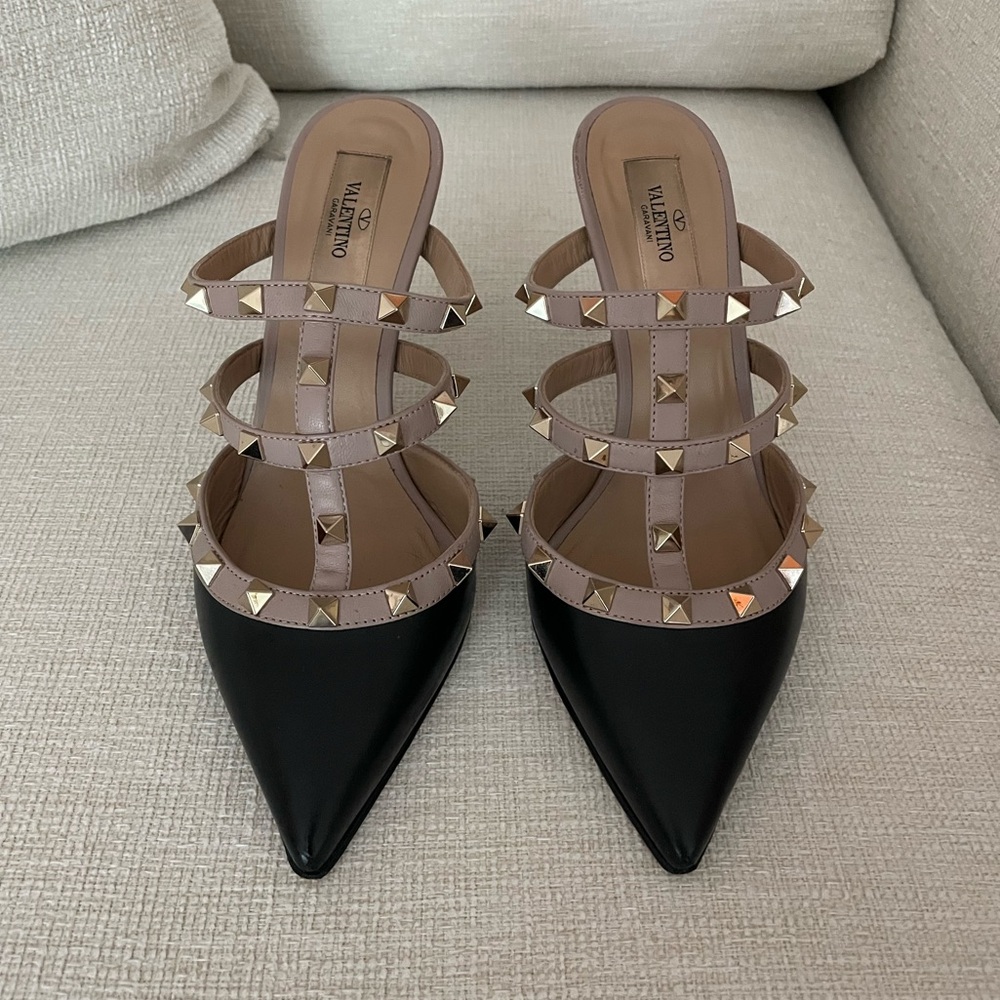 Valentino Black and Tan Studded Kitten Heels